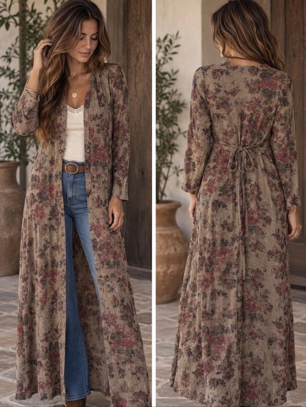 April Cornell Duster Maxi Dress Womens Small Boho Shimmering Rose Long Sleeve